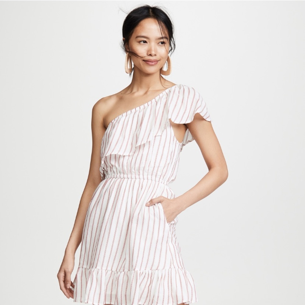 One shoulder ruffle pink and white striped dress